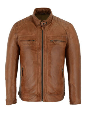 Men's Brown Quilted Cafe Racer Leather Jacket