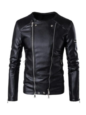 Men's Wrinkle Shoulder Double Zipper Leather Jacket