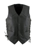 Men's Premium Black with Side Lace Buster Design Motorcycle Leather Vest