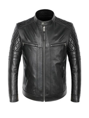Men's Quilted Shoulder Black Leather Jacket