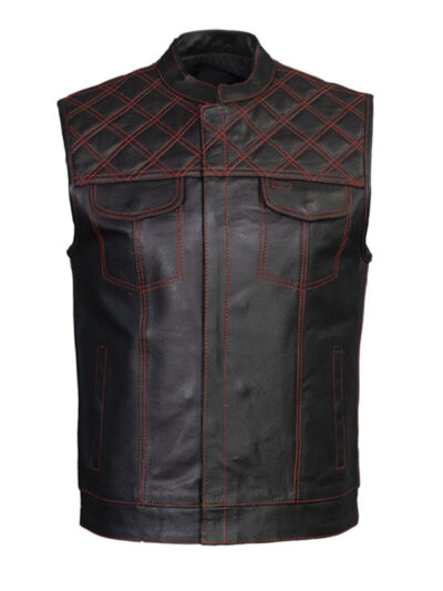 MEN'S RED STITCHED DIAMONDS LEATHER VEST