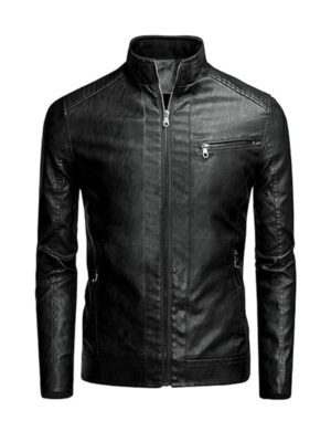 Men's Stand Collar Black Leather Jacket