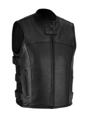 Men's Swat Style Black Leather Vest