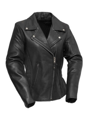 Women's Braided Leather Black Motorcycle Jacket