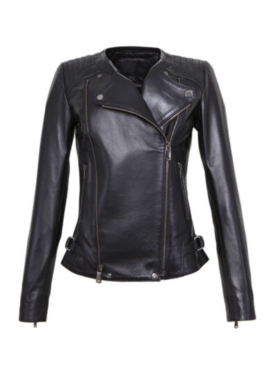 Women's Collarless Biker Leather Jacket