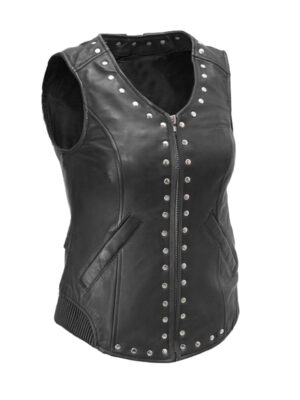 Women's V-neck Black Leather Vest