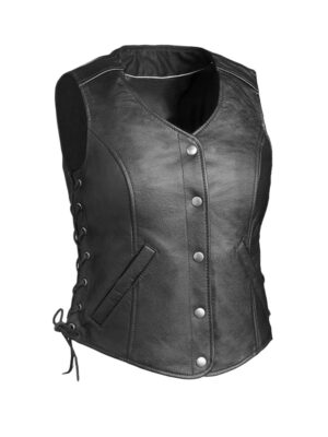 Women's Black Button Front Leather Vest