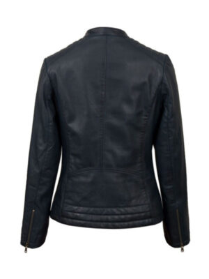 Women's Quilted Shoulder Navy Leather Jacket