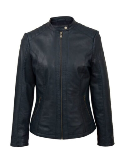 Women's Quilted Shoulder Navy Leather Jacket