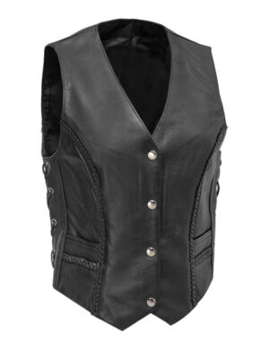 Women's Braided Black Leather Vest