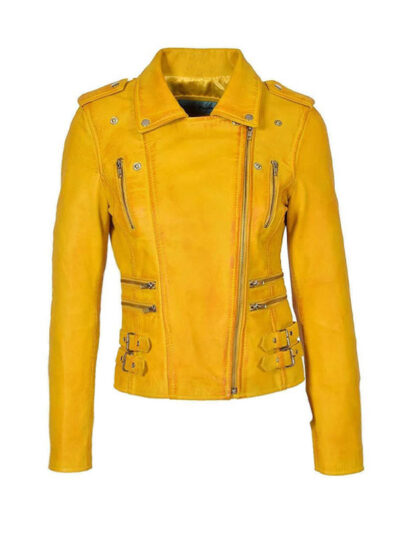 Women's Cross Zip Yellow Leather Jacket