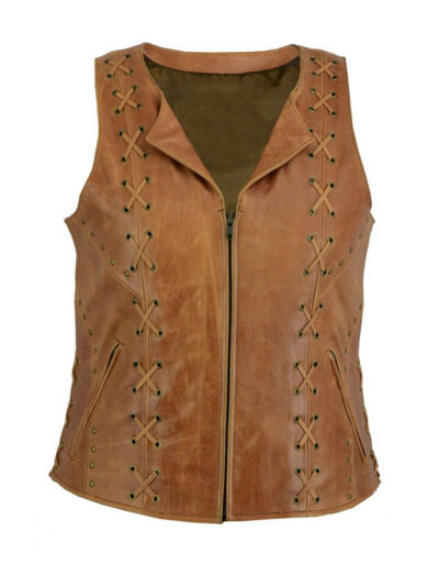 Women's Zipper Brown Laced Leather Vest