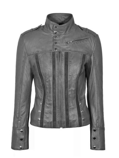 Women's Grey Leather Biker Jacket