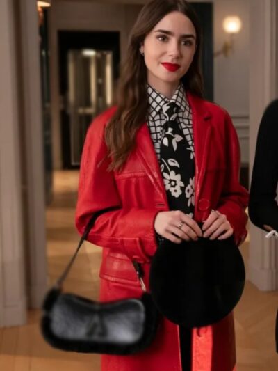 Emily In Paris Lily Collins Red Leather Coat