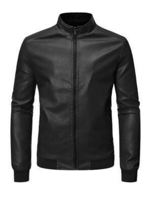 Men's Slim Fit Black Bomber Faux Jacket