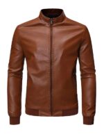 Men's Slim Fit Brown Bomber Faux Jacket