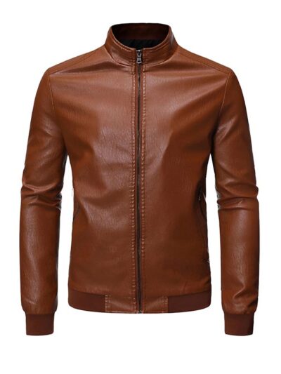 Men's Slim Fit Brown Bomber Faux Jacket