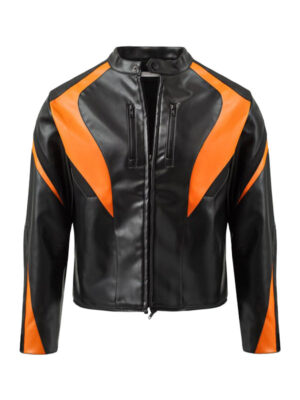 Men's Black And Orange Race Leather Jacket
