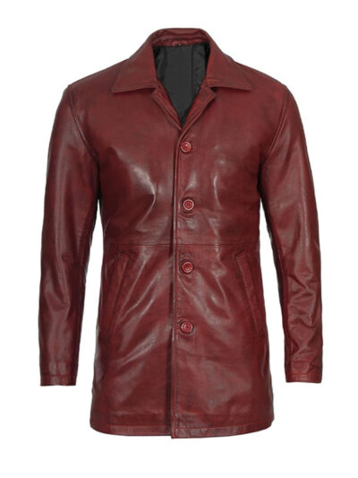 Men's 3/4 Length Maroon Leather Coat