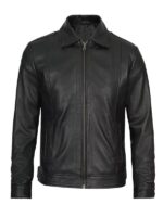 Men's Black Shirt Collar Leather Jacket