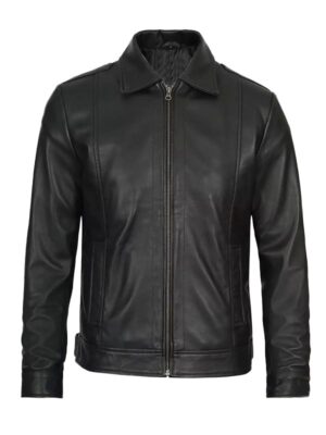 Men's Black Shirt Collar Leather Jacket