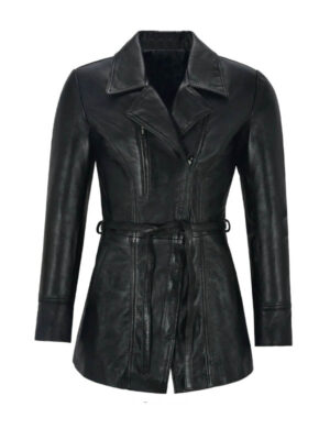 Women's Black Mid-length Leather Coat