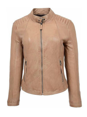 Women's Zip Up Beige Leather Jacket