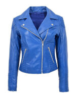 Women's Cross Zipper Blue Leather Jacket