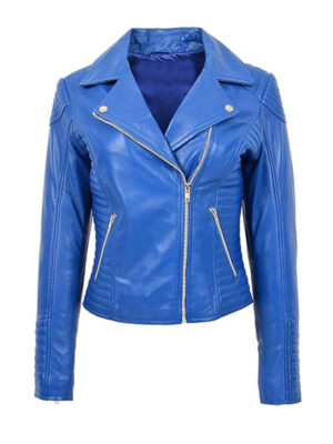 Women's Cross Zipper Blue Leather Jacket