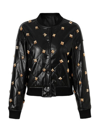 Women's Black Press Studs Leather Jacket