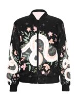 Floral Snake Print Black Bomber Jacket