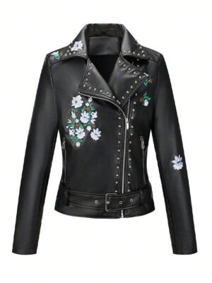 Women's Black Floral Embroidery Faux Jacket