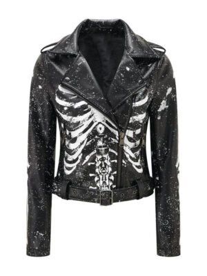 Women's Bones Print Black Leather Jacket