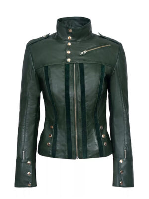 Women's Green Leather Biker Jacket