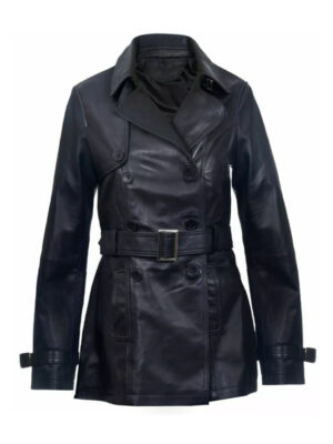 Women's Black Belted Leather Coat