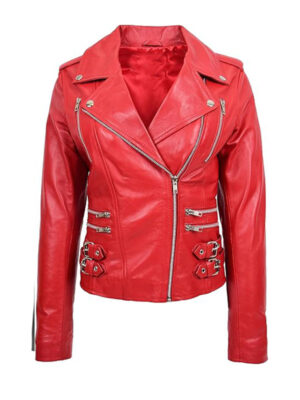 Women's Red Cross Zipp Leather Jacket