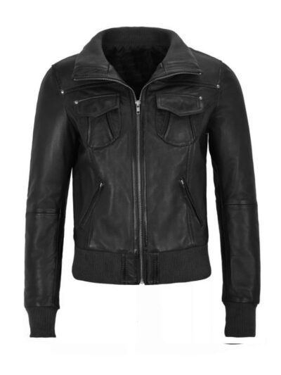 Women's Black Leather Bomber Jacket