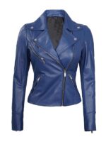 Women's Blue Leather Biker Jacket