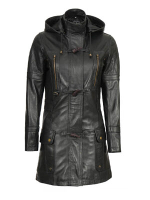 Women's 3/4 Length Hooded Leather Coat