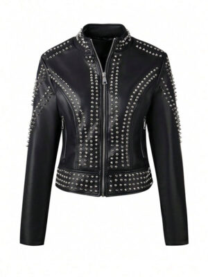 Women's Black Studded Zipper Leather Jacket