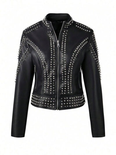 Women's Black Studded Zipper Leather Jacket