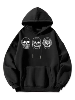 Three Skull Pattern Printed Black Fleece Pullover Hoodie