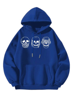 Unisex Three Skull Printed Fleece Hoodie