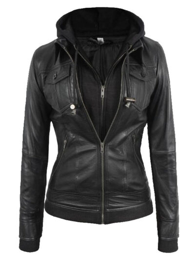 Women's Removable Hoodie Black Leather Jacket