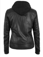 Women's Removable Hoodie Black Leather Jacket