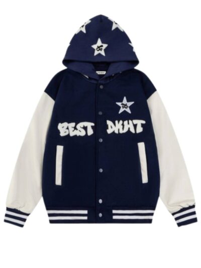 Best Dkht Star Embroidery Hooded Varsity Jacket