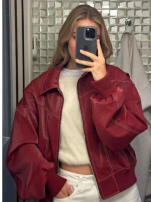 Contrast Stitch Baggy Style Red Jacket