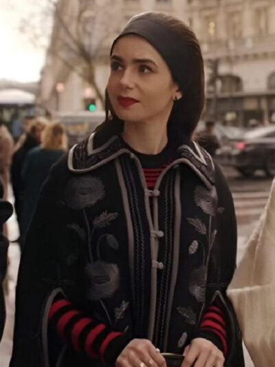 Lily Collins Emily in Paris S4 Black Floral Cape Coat