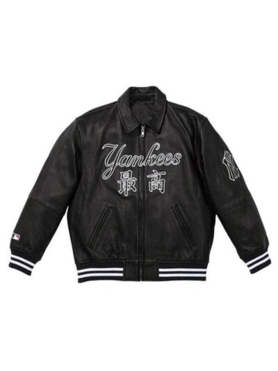 New York x Supreme Yankees Kanji Black Leather Varsity Jacket