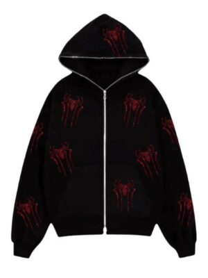 Red Spider Print Black Zip-Up Hoodie